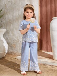 SHEIN 小女童印花上衣和褲子 - 藍白色 - 查看 3