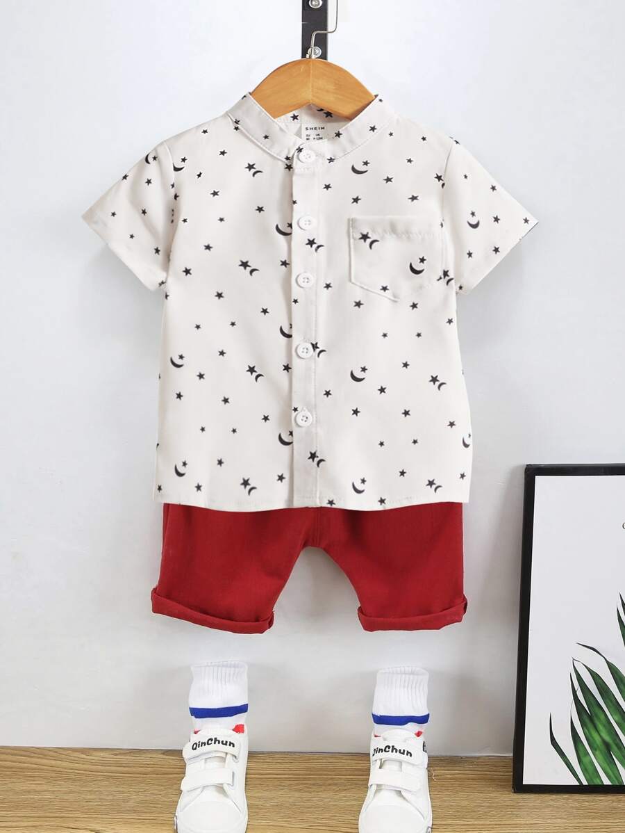 Đứa bé trai Ngôi sao Và In Mặt trăng Áo sơ mi & Quần short - Đỏ và trắng - Xem 1