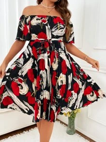 SHEIN LUNE Vestido con cinturón con estampado de hombros descubiertos bajo fruncido - Multicolor - Ver 3