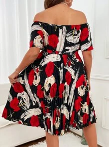 SHEIN LUNE Vestido con cinturón con estampado de hombros descubiertos bajo fruncido - Multicolor - Ver 4