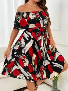 SHEIN LUNE Vestido con cinturón con estampado de hombros descubiertos bajo fruncido - Multicolor - Ver 2