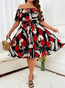 SHEIN LUNE Vestido con cinturón con estampado de hombros descubiertos bajo fruncido - Multicolor - Ver 6