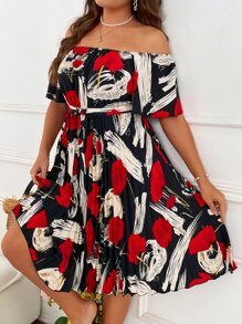 SHEIN LUNE Vestido con cinturón con estampado de hombros descubiertos bajo fruncido - Multicolor - Ver 1