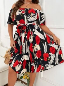 SHEIN LUNE Vestido con cinturón con estampado de hombros descubiertos bajo fruncido - Multicolor - Ver 8