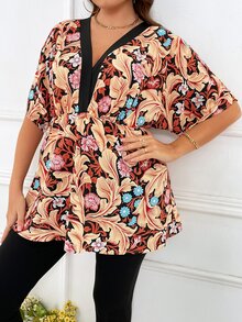 SHEIN LUNE Plus Floral Print Batwing Sleeve Peplum Blouse - Multicolor - View 2