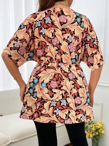 SHEIN LUNE Plus Floral Print Batwing Sleeve Peplum Blouse - Multicolor - View 3
