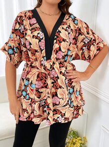 SHEIN LUNE Plus Floral Print Batwing Sleeve Peplum Blouse - Multicolor - View 4