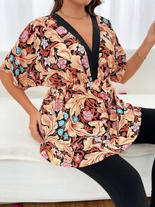 SHEIN LUNE Plus Floral Print Batwing Sleeve Peplum Blouse - Multicolor - View 5