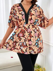 SHEIN LUNE Plus Floral Print Batwing Sleeve Peplum Blouse - Multicolor - View 7