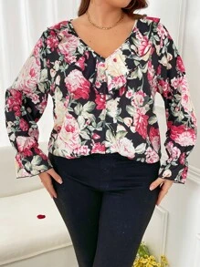 SHEIN LUNE Plus Floral Print Flounce Sleeve Blouse - Multicolor - View 3