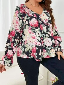 SHEIN LUNE Plus Floral Print Flounce Sleeve Blouse - Multicolor - View 5