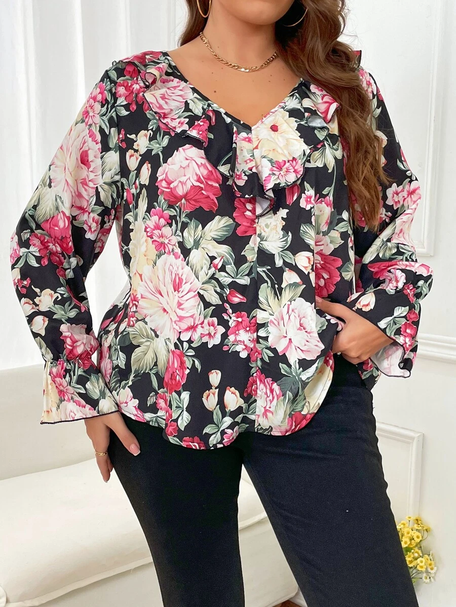 SHEIN LUNE Plus Floral Print Flounce Sleeve Blouse - Multicolor - View 1