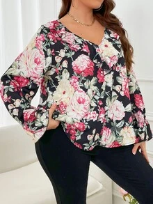 SHEIN LUNE Plus Floral Print Flounce Sleeve Blouse - Multicolor - View 6