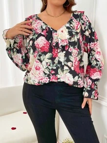 SHEIN LUNE Plus Floral Print Flounce Sleeve Blouse - Multicolor - View 2