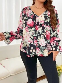 SHEIN LUNE Plus Floral Print Flounce Sleeve Blouse - Multicolor - View 7