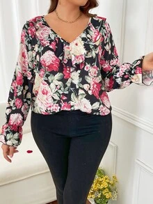 SHEIN LUNE Plus Floral Print Flounce Sleeve Blouse - Multicolor - View 8