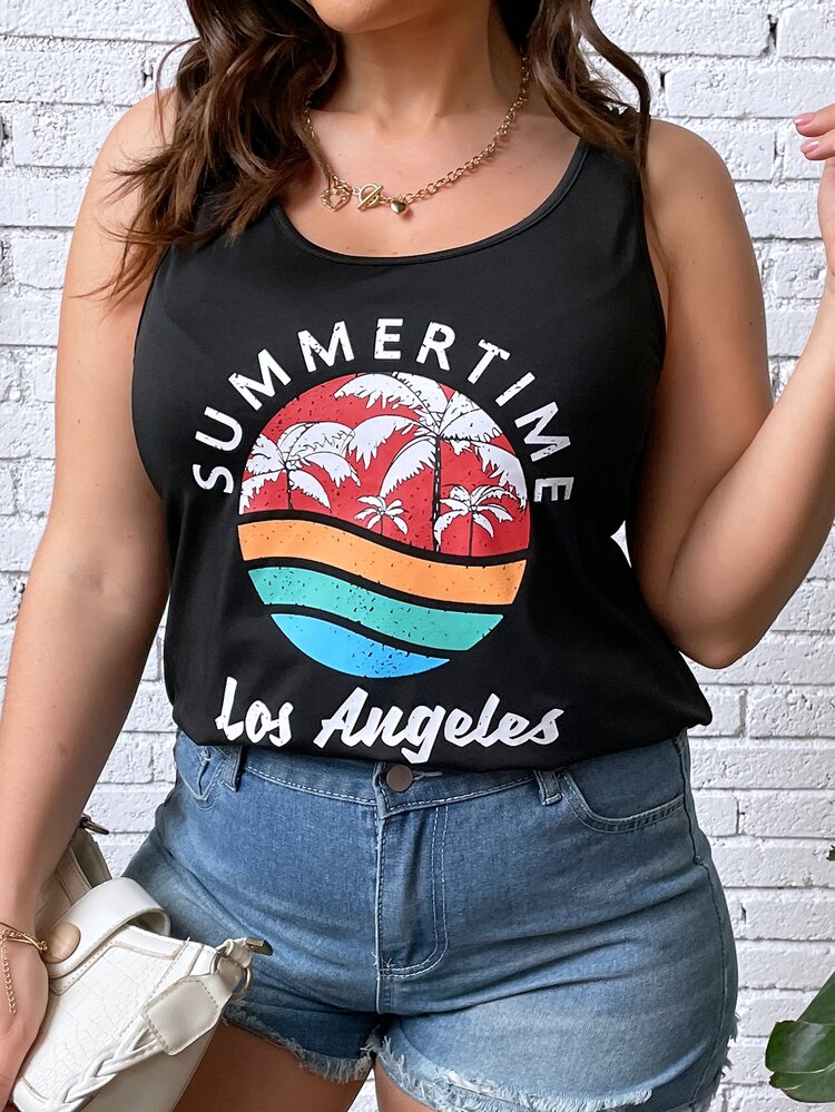 Plus Tropical & Letter Graphic Tank Top