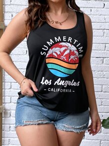 SHEIN LUNE 大碼熱帶印花和字母圖案背心上衣 - 黑色 - 查看 1