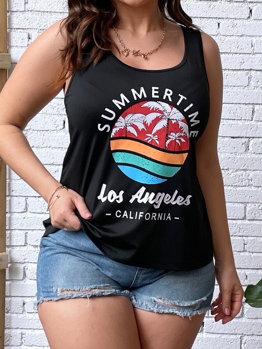 SHEIN LUNE 大碼熱帶印花和字母圖案背心上衣 - 黑色 - 查看 1