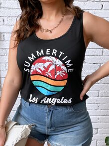 SHEIN LUNE 大碼熱帶印花和字母圖案背心上衣 - 黑色 - 查看 5