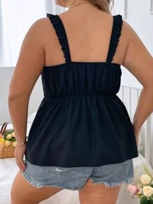 SHEIN Holidaya 大碼前扭結鏤空蕾絲花邊吊帶上衣 - 黑色 - 查看 2