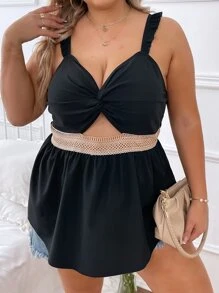 SHEIN Holidaya 大碼前扭結鏤空蕾絲花邊吊帶上衣 - 黑色 - 查看 5