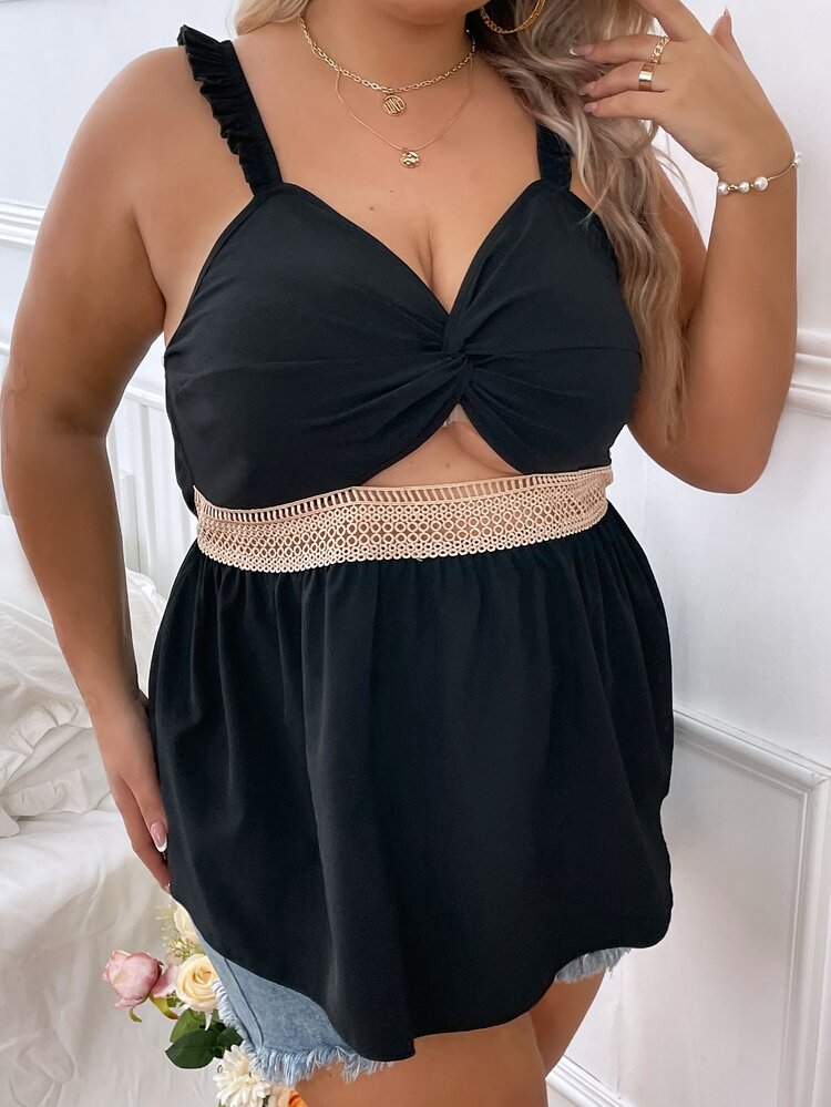 SHEIN Holidaya 大碼前扭結鏤空蕾絲花邊吊帶上衣 - 黑色 - 查看 6