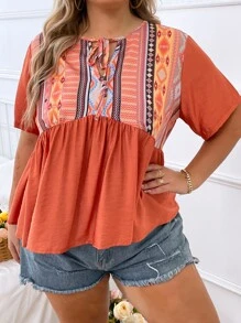 SHEIN LUNE Plus Geo Print Tie Neck Peplum Blouse - Burnt Orange - View 3