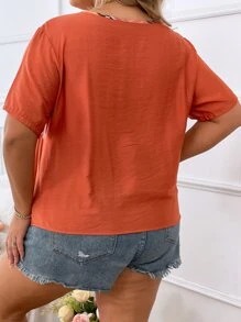 SHEIN LUNE Plus Geo Print Tie Neck Peplum Blouse - Burnt Orange - View 4