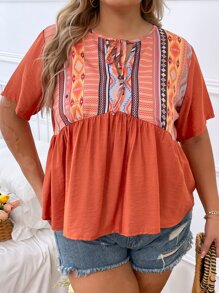 SHEIN LUNE Plus Geo Print Tie Neck Peplum Blouse - Burnt Orange - View 2