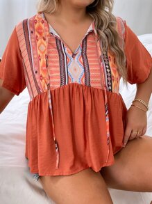SHEIN LUNE Plus Geo Print Tie Neck Peplum Blouse - Burnt Orange - View 1