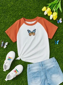 SHEIN Chicas Camiseta con estampado de mariposa de manga raglán - Multicolor - Ver 1