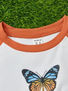 SHEIN Chicas Camiseta con estampado de mariposa de manga raglán - Multicolor - Ver 3