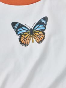 SHEIN Chicas Camiseta con estampado de mariposa de manga raglán - Multicolor - Ver 4