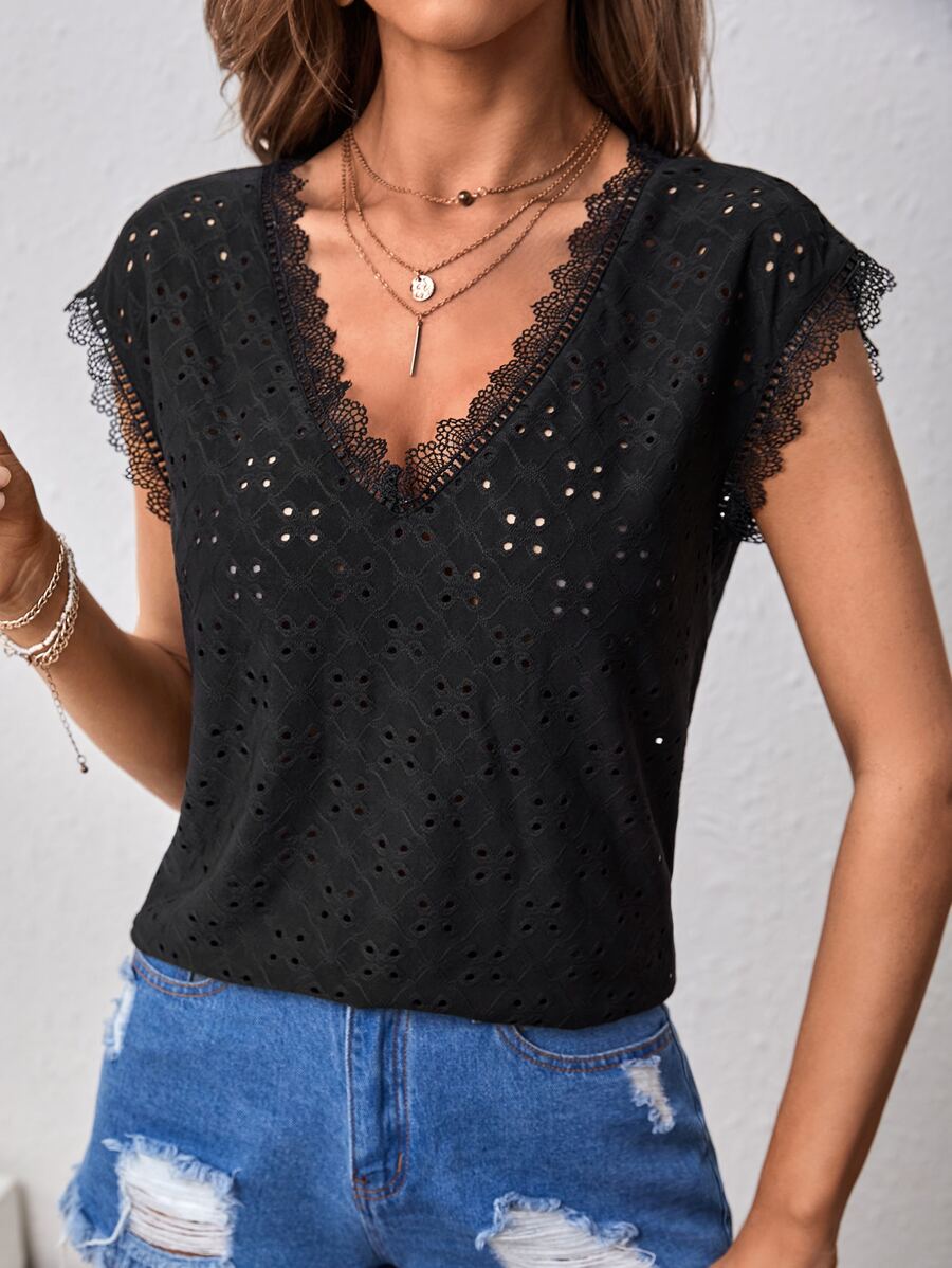 SHEIN VCAY Eyelet Embroidery Contrast Lace Batwing Sleeve Tee - Black - View 1