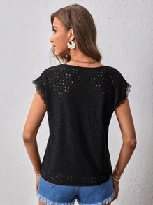SHEIN VCAY Eyelet Embroidery Contrast Lace Batwing Sleeve Tee - Black - View 2