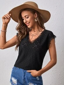 SHEIN VCAY Eyelet Embroidery Contrast Lace Batwing Sleeve Tee - Black - View 5