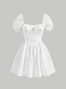 SHEIN MOD Jacquard Square Neck Puff Sleeve Dress - White - View 1
