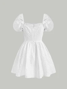 SHEIN MOD Jacquard Square Neck Puff Sleeve Dress - White - View 2