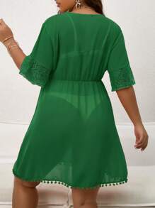 Plus Guipure Lace Panel Pom Pom Trim Cover Up Without Bikini - Green - View 2