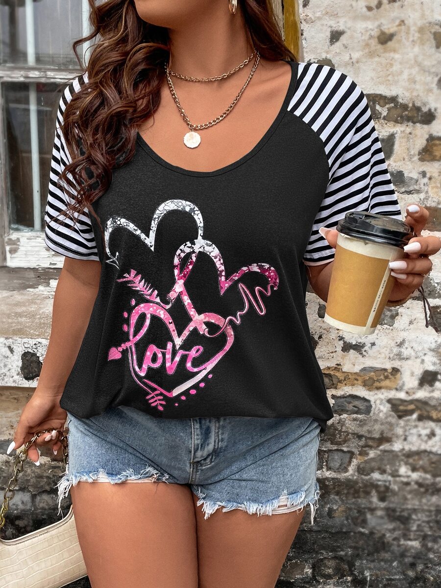 SHEIN LUNE Plus Striped & Heart Print Raglan Sleeve Tee - Black - View 1