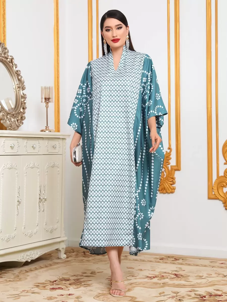 Al Najma Geo Print Notched Neck Batwing Sleeve Kaftan - Multicolor - View 1