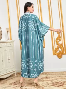 Al Najma Geo Print Notched Neck Batwing Sleeve Kaftan - Multicolor - View 2