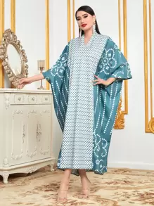 Al Najma Geo Print Notched Neck Batwing Sleeve Kaftan - Multicolor - View 3
