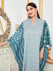 Al Najma Geo Print Notched Neck Batwing Sleeve Kaftan - Multicolor - View 5