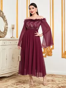 Al Najma Burgundy Red Off Shoulder Fuzzy Trim Cloak Sleeve Mesh Overlay Dress - Burgundy - View 1