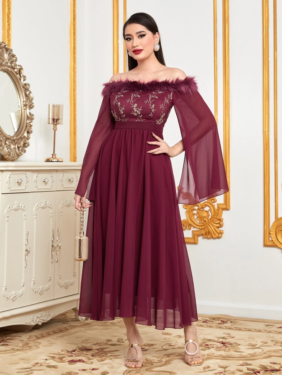 Al Najma Burgundy Red Off Shoulder Fuzzy Trim Cloak Sleeve Mesh Overlay Dress - Burgundy - View 1