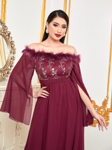 Al Najma Burgundy Red Off Shoulder Fuzzy Trim Cloak Sleeve Mesh Overlay Dress - Burgundy - View 5