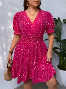 SHEIN VCAY Đầm Plus Size Viên lá sen Trọn gói Dải chun Chấm bi Giải trí - Màu Hồng Tươi - Xem 1