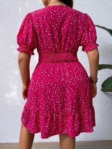 SHEIN VCAY Đầm Plus Size Viên lá sen Trọn gói Dải chun Chấm bi Giải trí - Màu Hồng Tươi - Xem 2